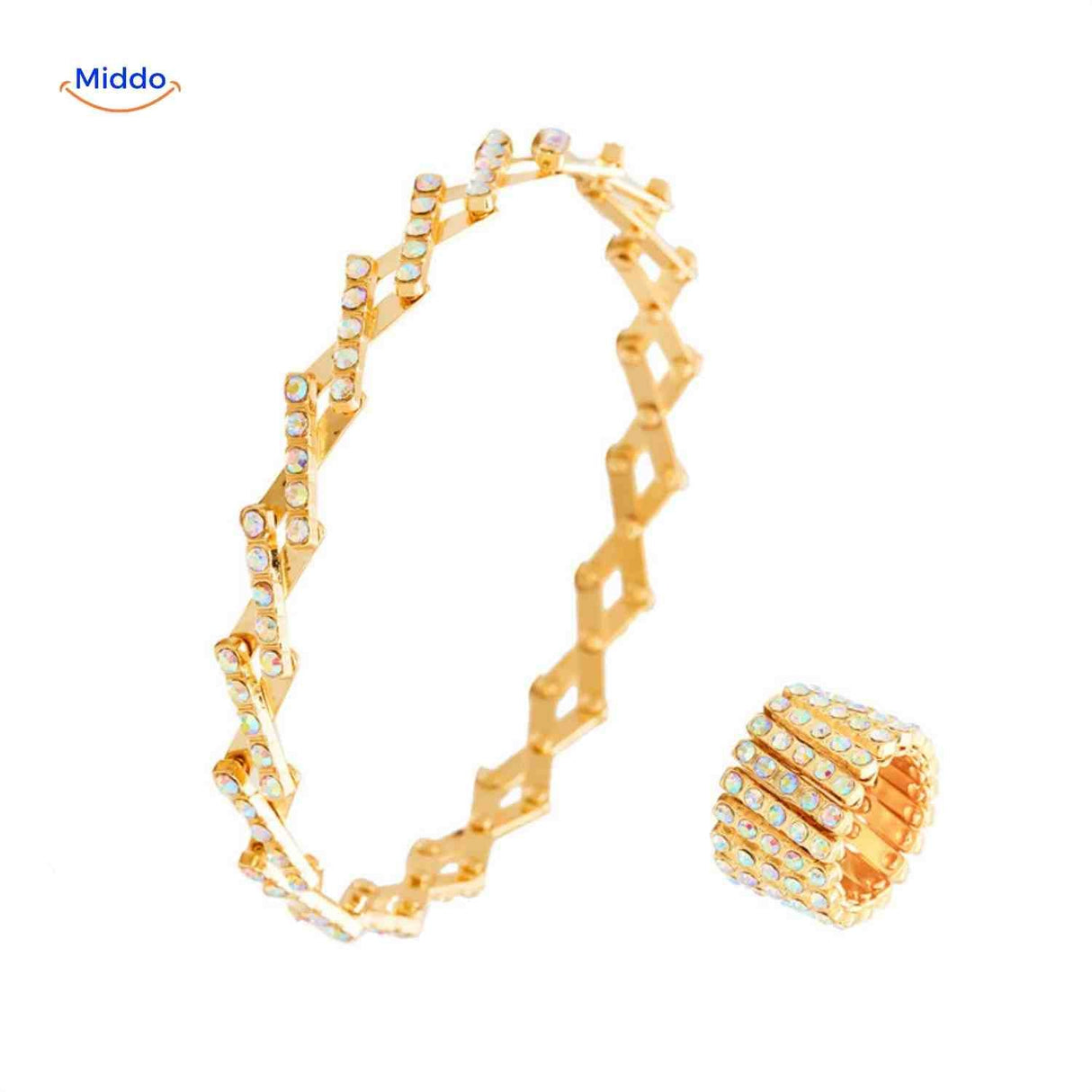 Gold ring and bracelet combo with white crystal rhinestone details.