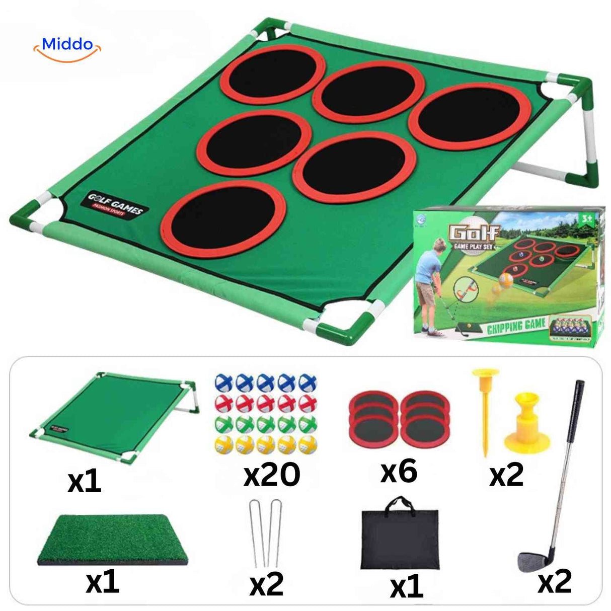 Complete golf chipping game package with all included components.