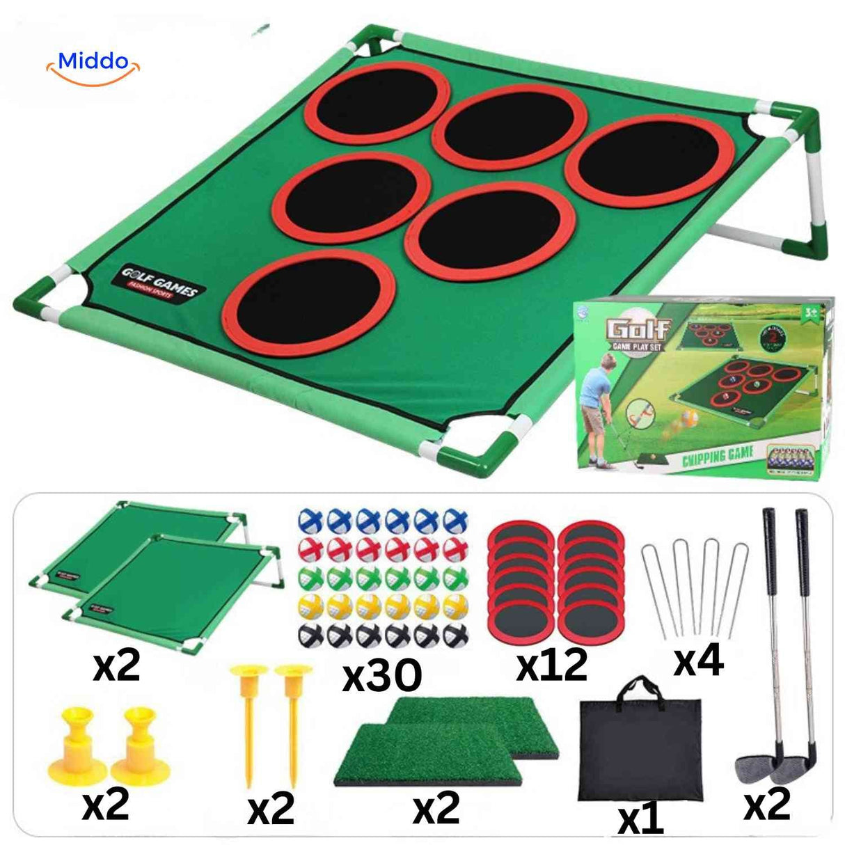 Mega set golf chipping game with extended target and accessory collection.