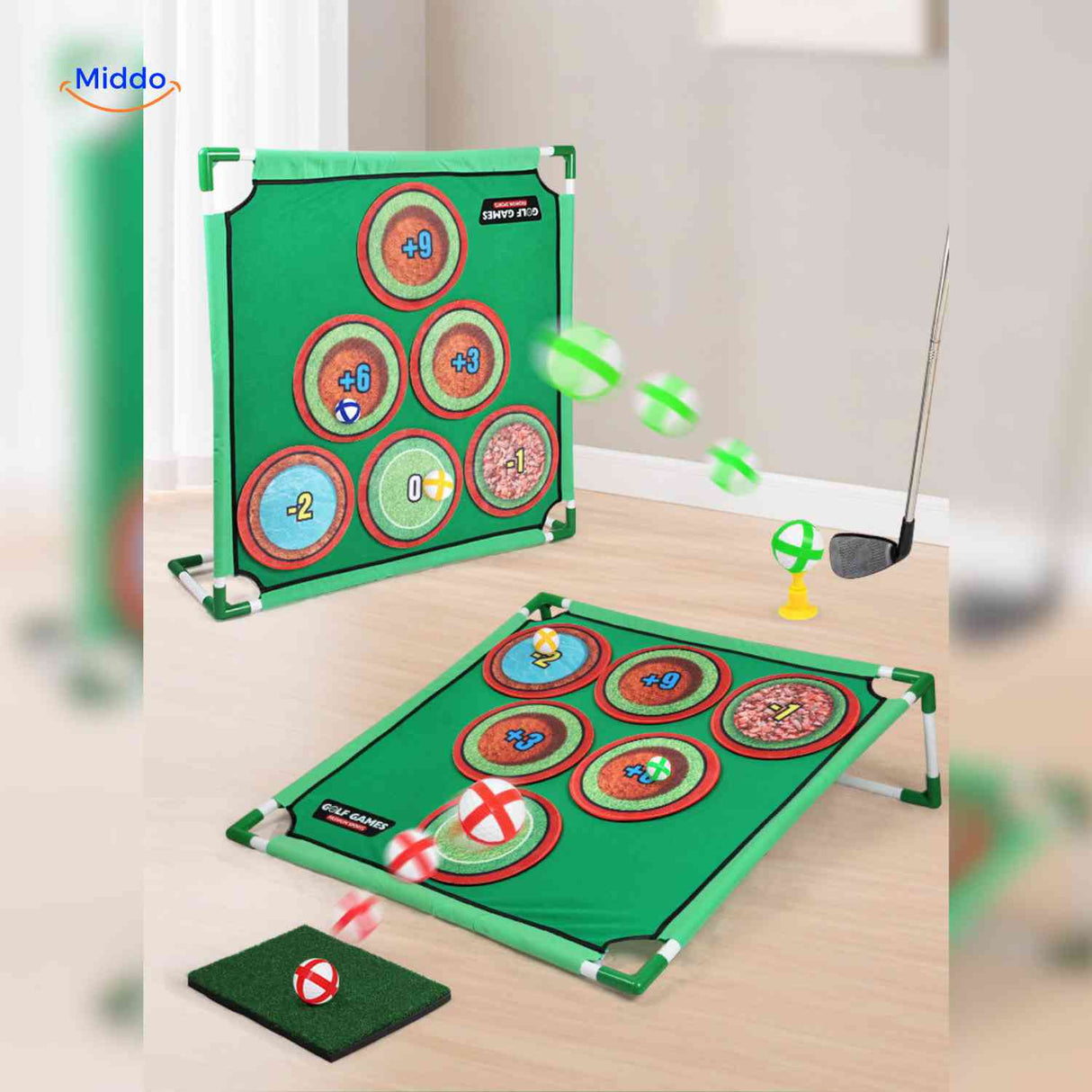 Scoreboard display for kids golf game points and target scoring.