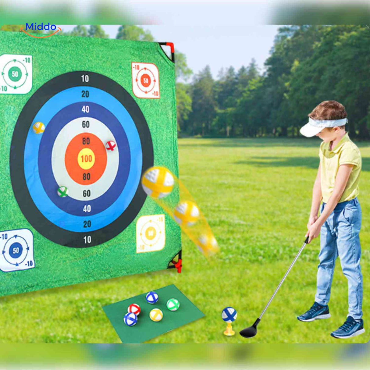 Golf game setup with target and balls for outdoor learning fun.