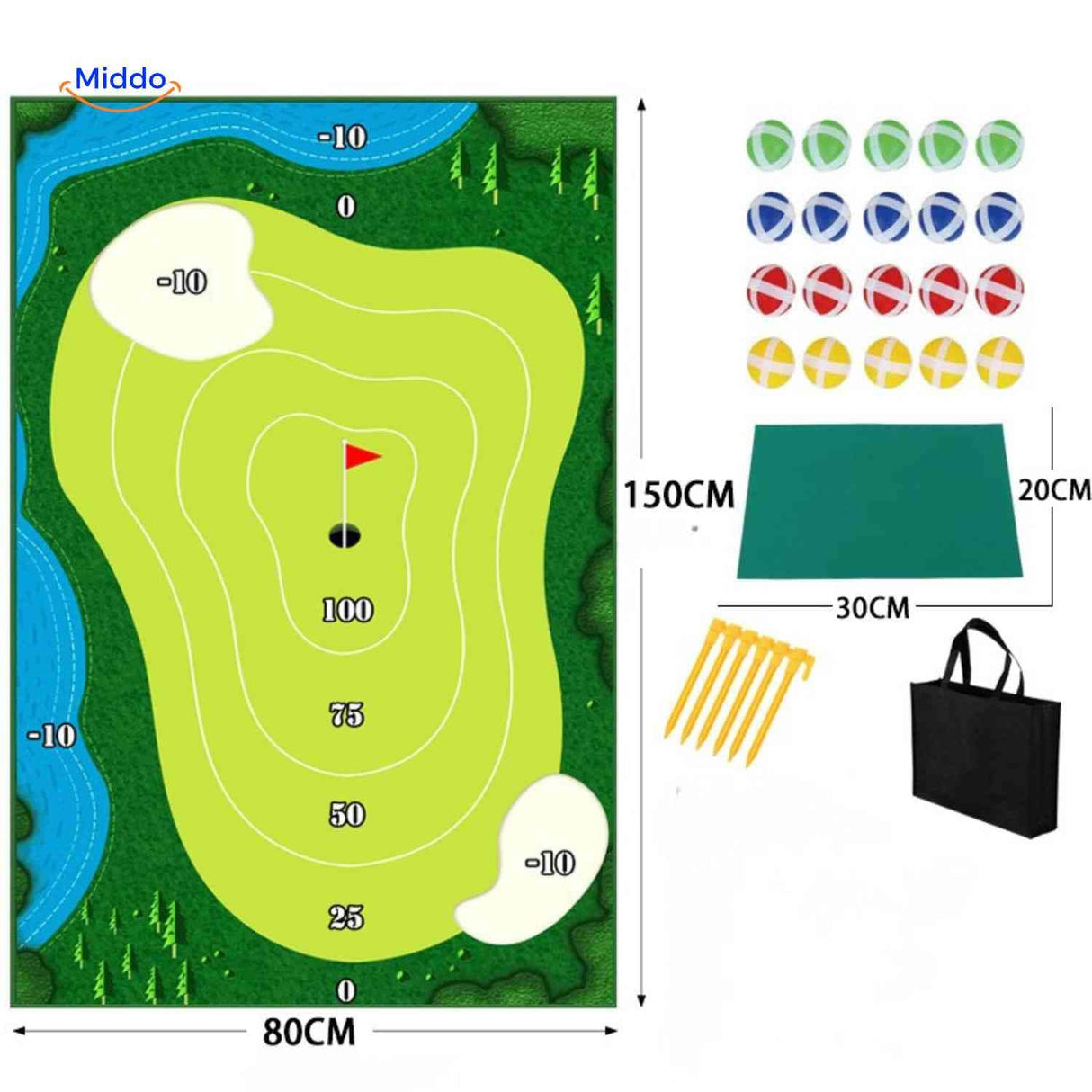 Golf practice mat with realistic turf feel and complete accessories set included.