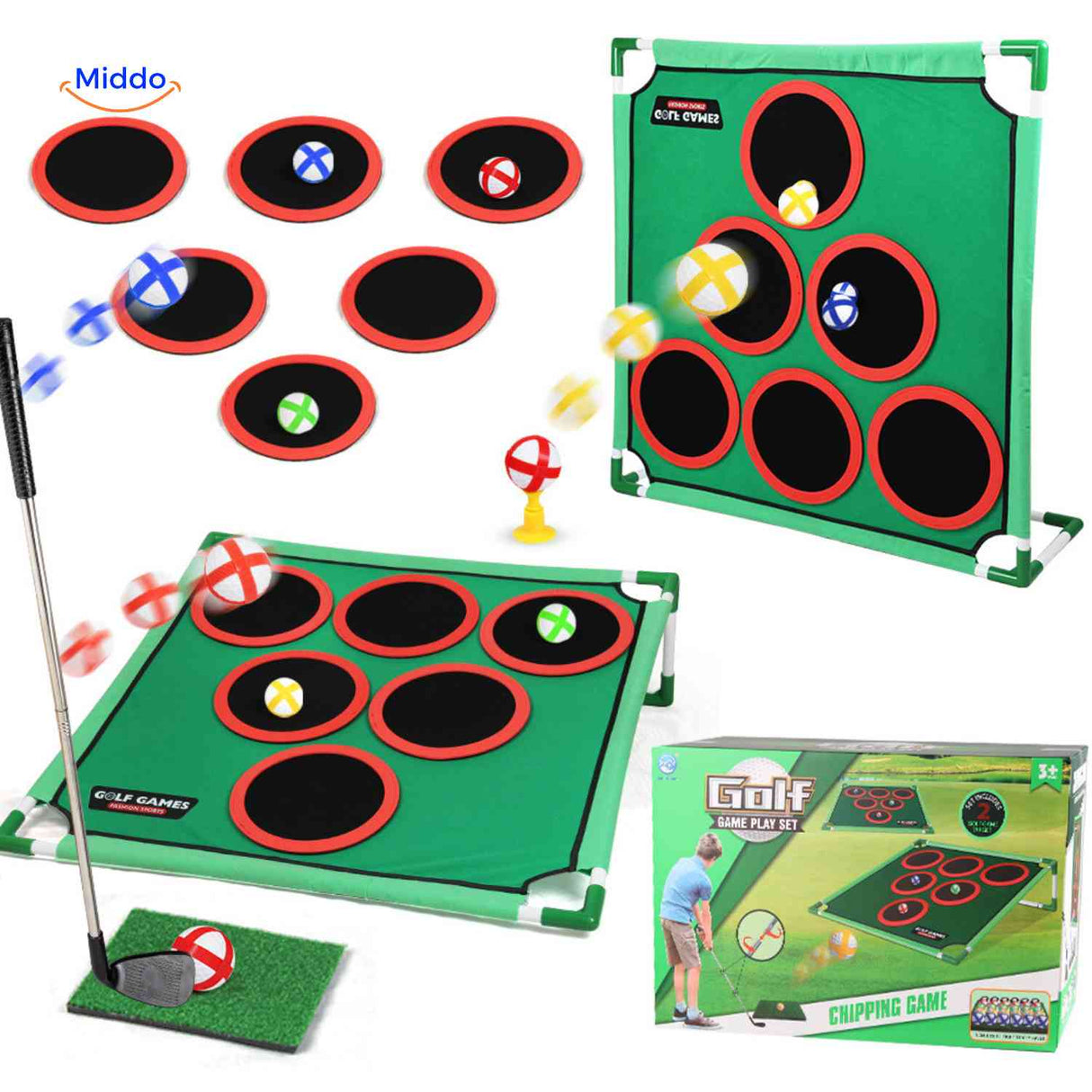 Multi-target golf set with complete chipping game accessories.