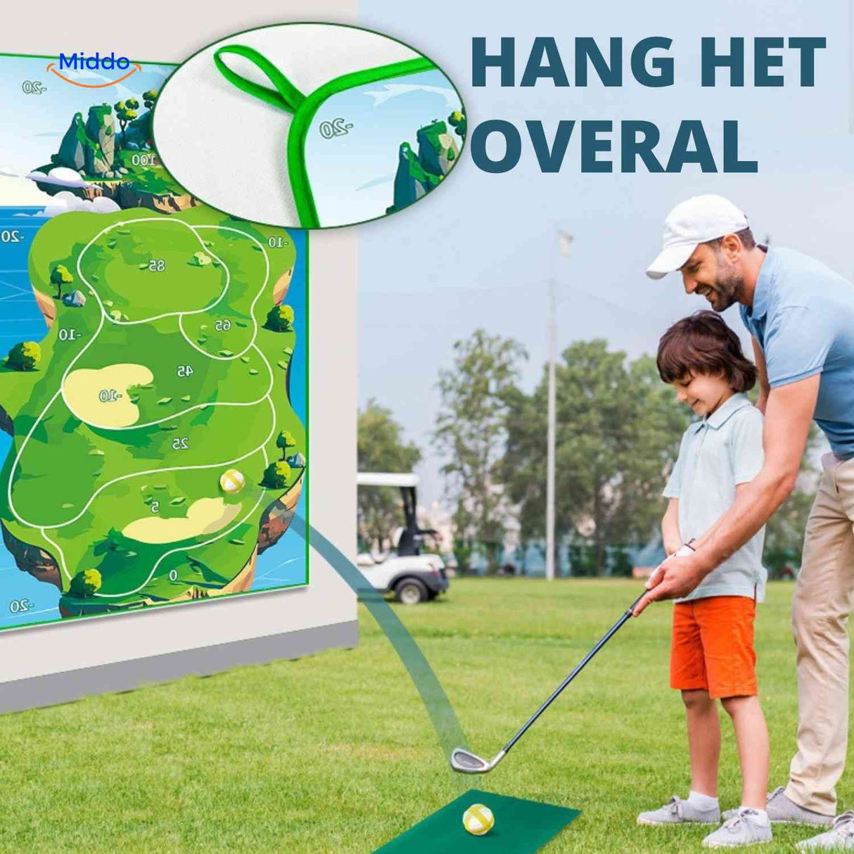 Mountable golf target wall for indoor practice and swing feedback.