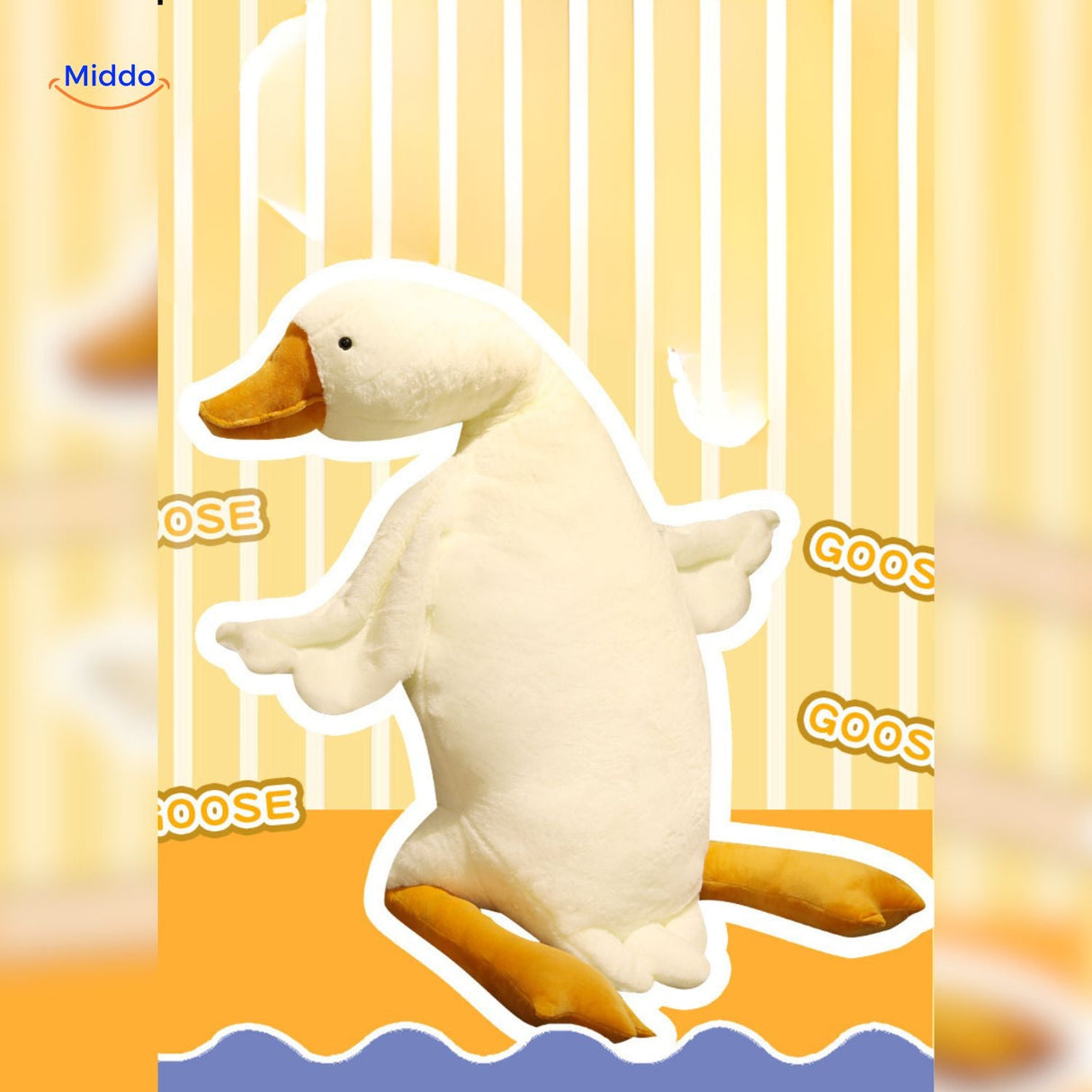 Cute Goosy goose plush pillow posed in adorable sitting position.