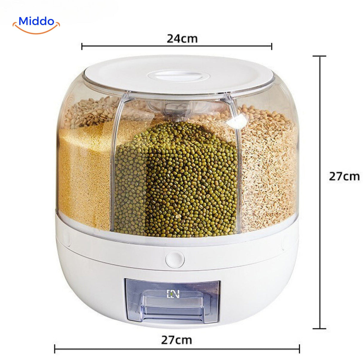 Rotating grain dispenser dimensions and measurements for large size specification.