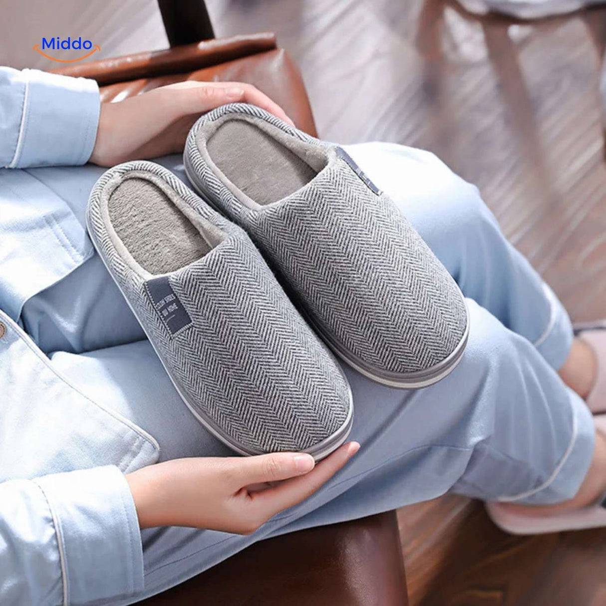 Gray cotton slippers with non-slip soles for cozy home comfort.