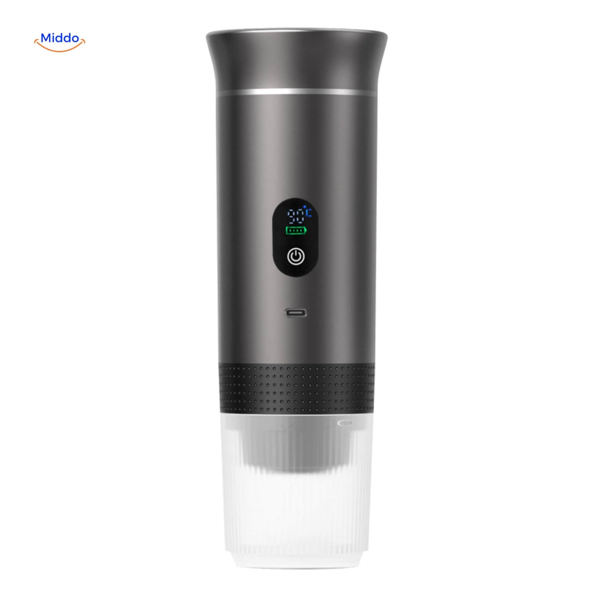 Gray espresso machine with LED display and modern design features.