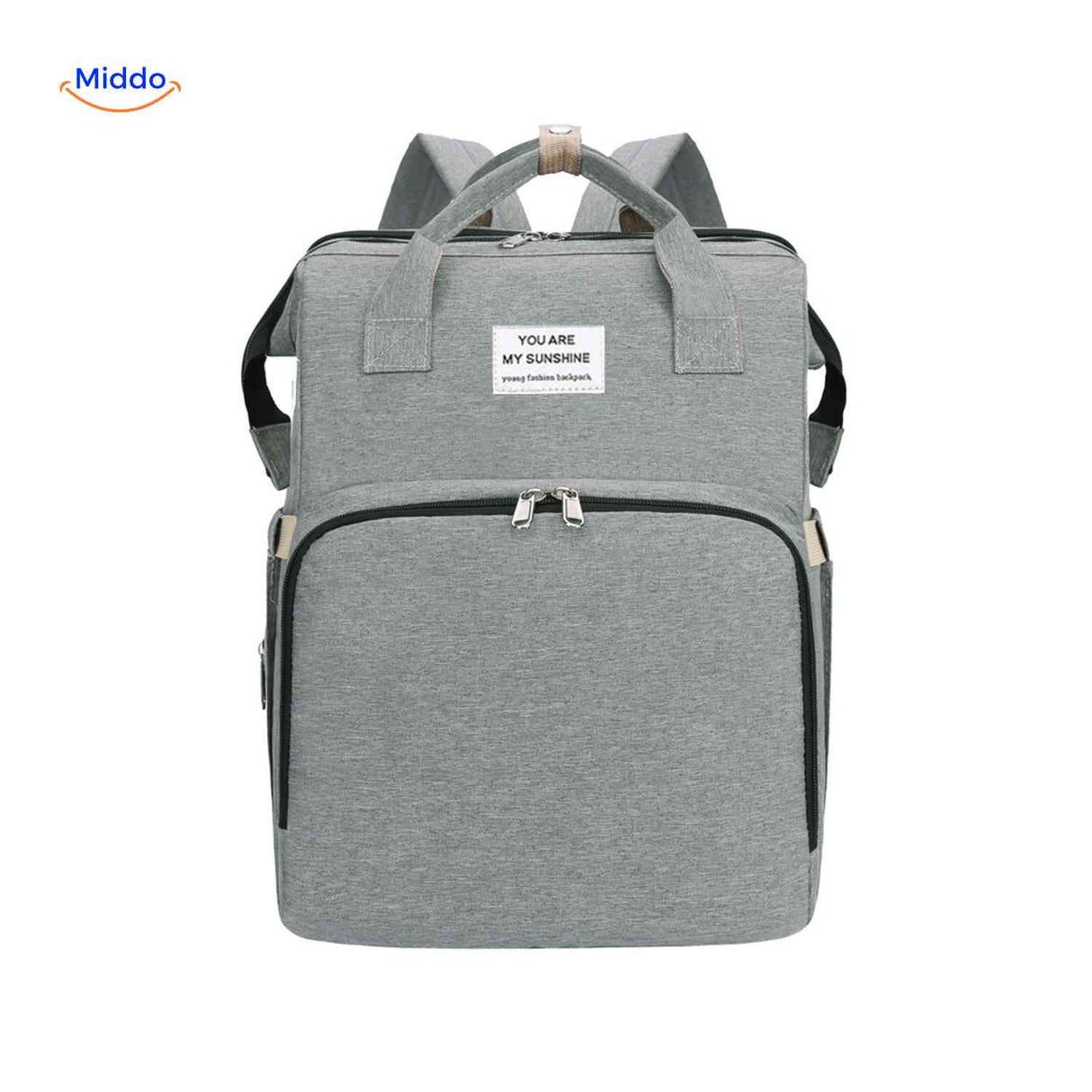 Gray trendy diaper backpack with foldable bassinet and practical organization.