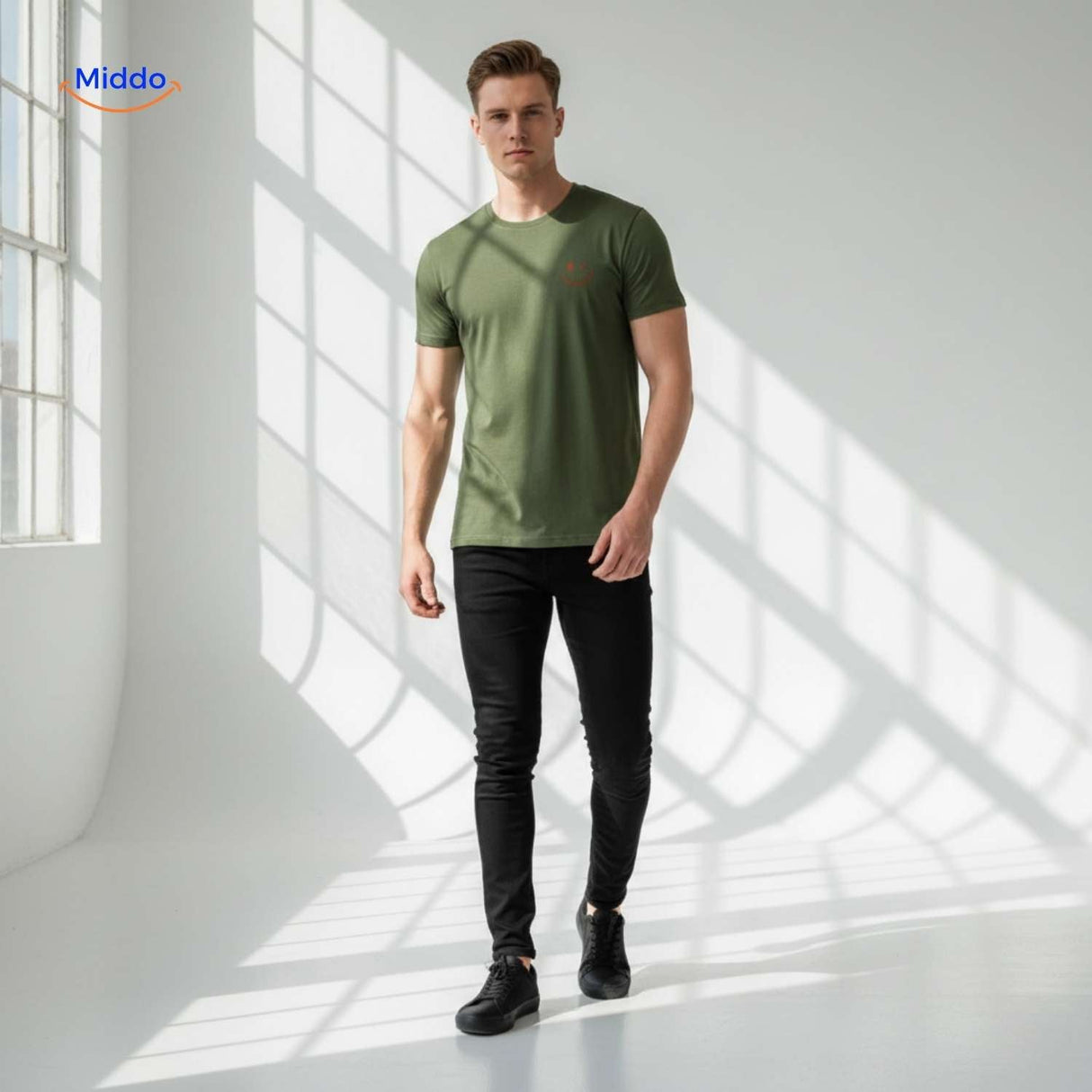 Army green breathable cotton t-shirt with smiley print casual wear.
