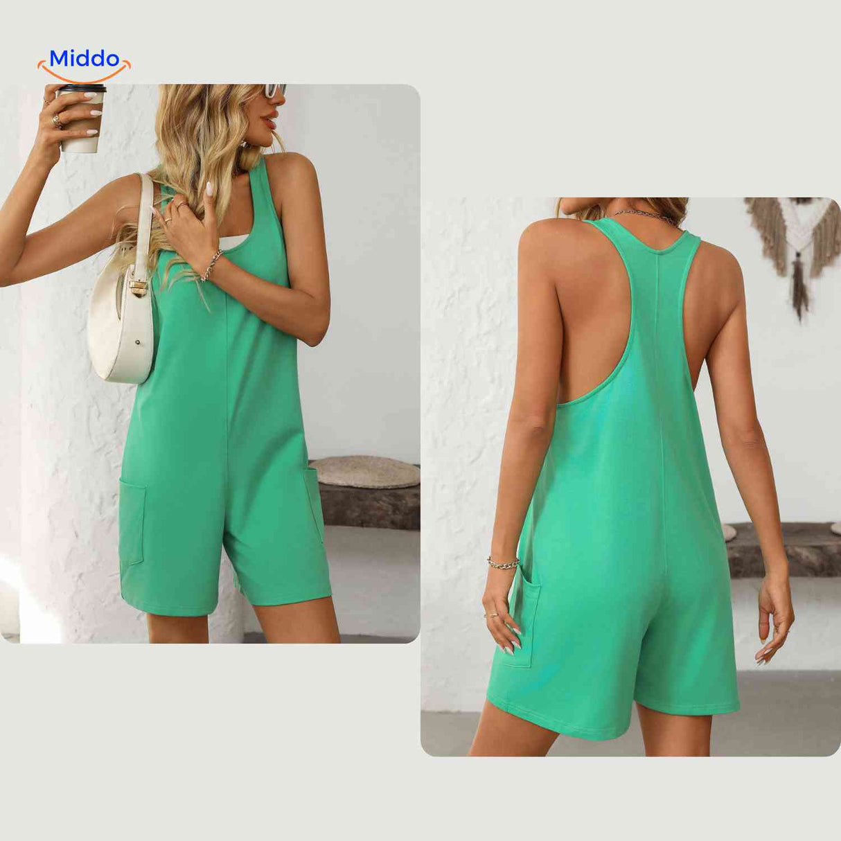 Playful green summer jumpsuit styled with contrasting white crop top.