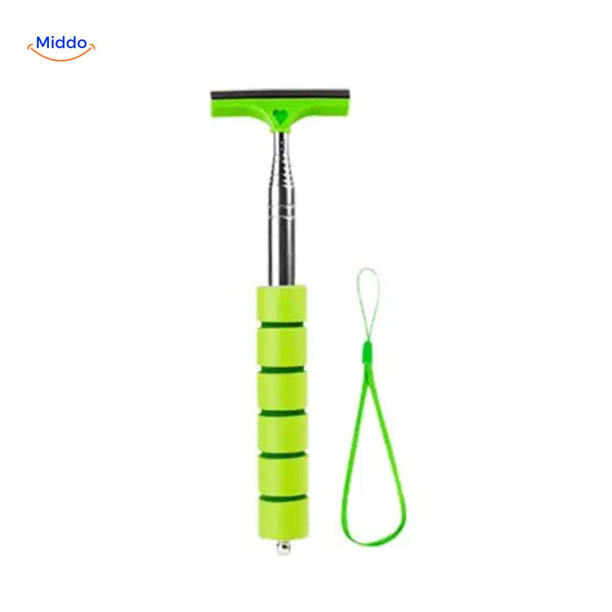 Green car window cleaner with rubber blade and secure wrist strap attachment.