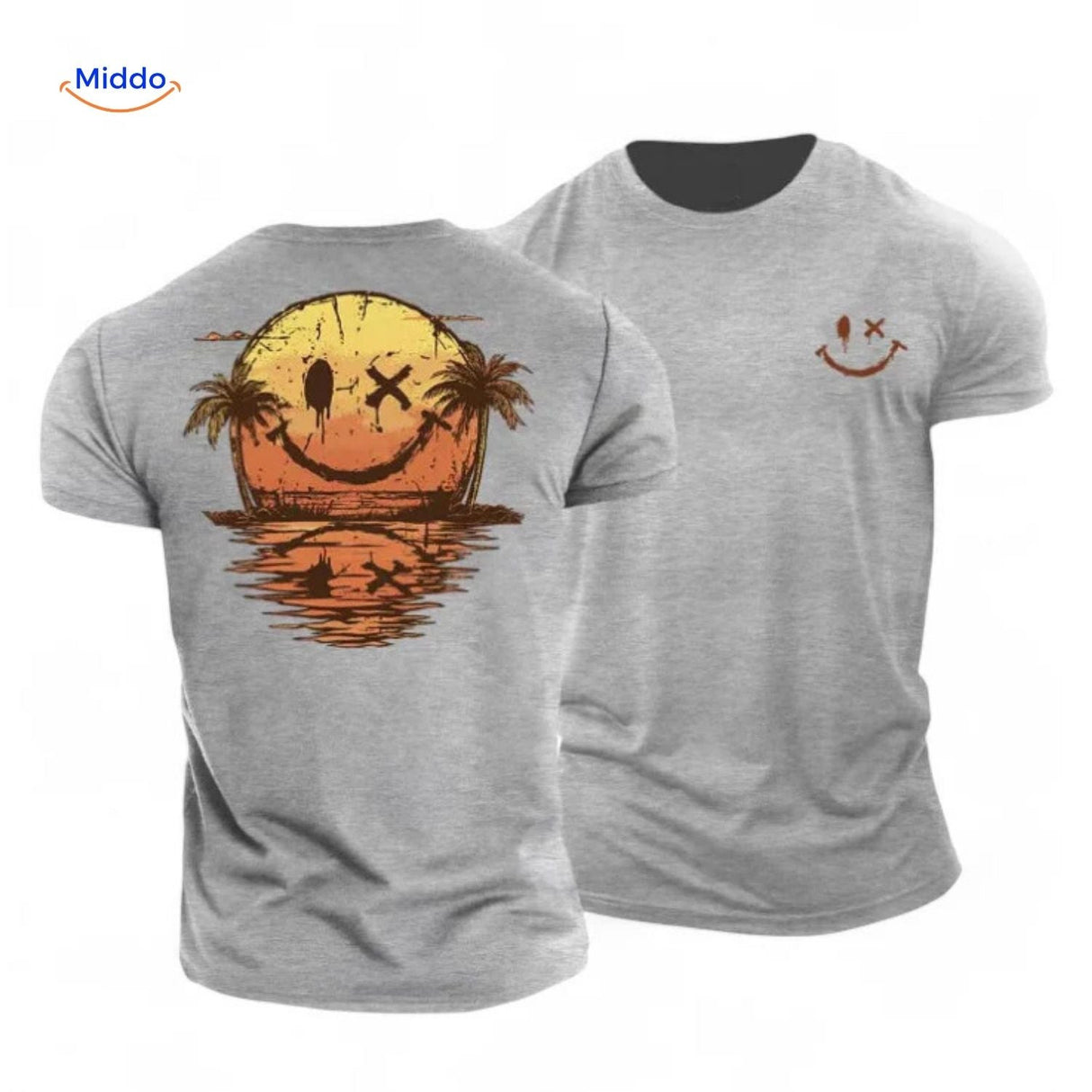 Grey cotton t-shirt featuring sunset smiley print.