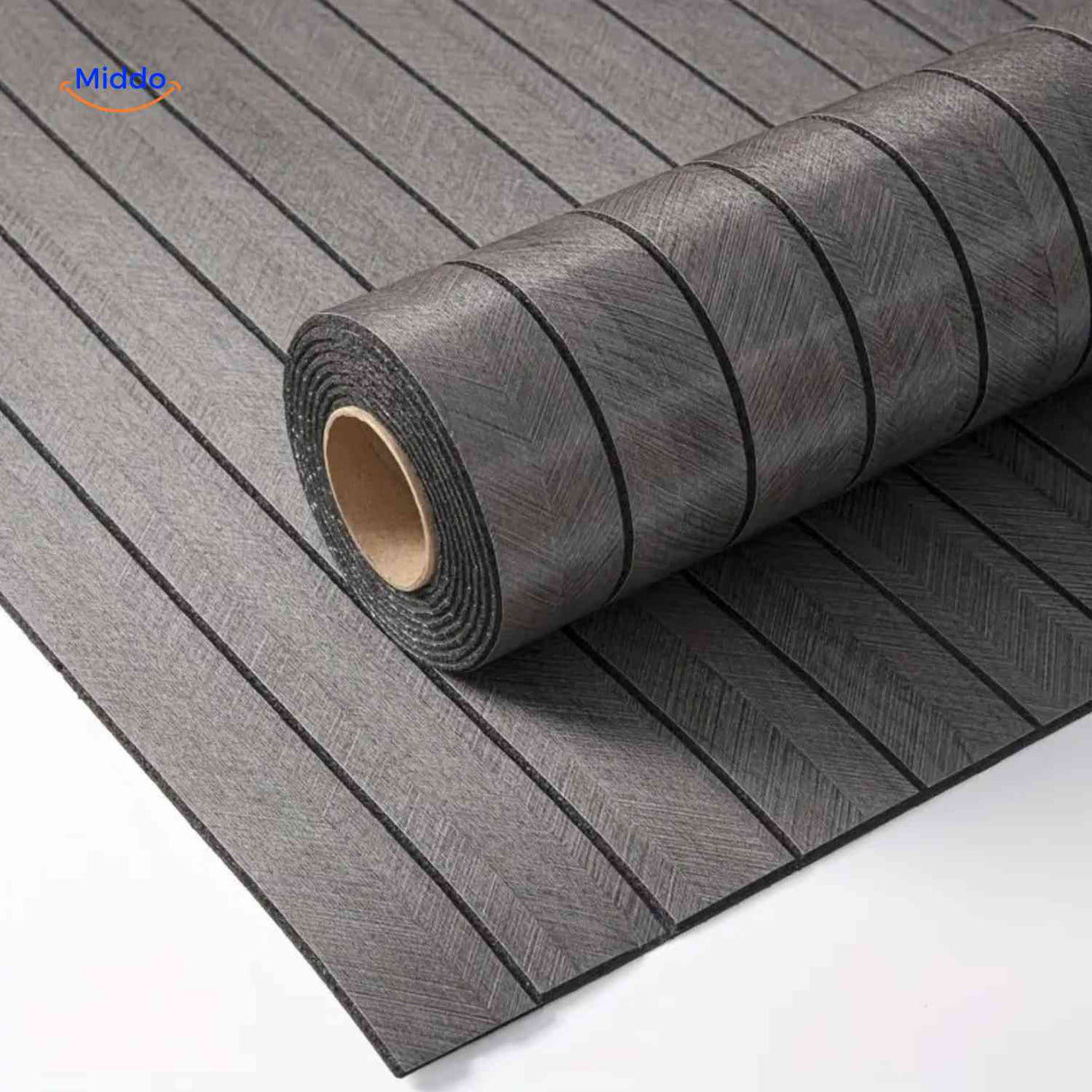 Close-up of grey wood-grain 3D wall panel roll revealing textured slat detail.