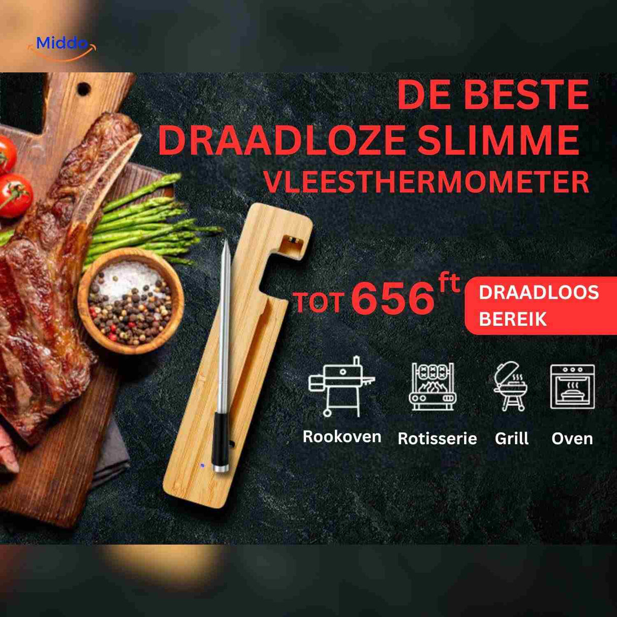 Smart meat thermometer with 656 feet wireless range connectivity.