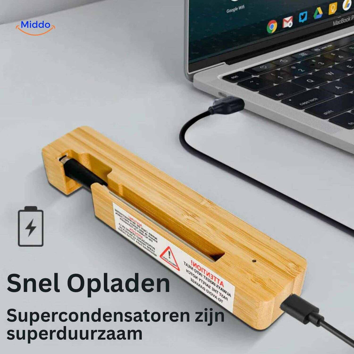 Supercapacitor-based meat thermometer with fast charge bamboo dock.