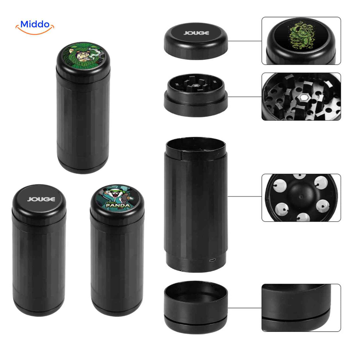 Detailed view of grinder with functional component labels and features