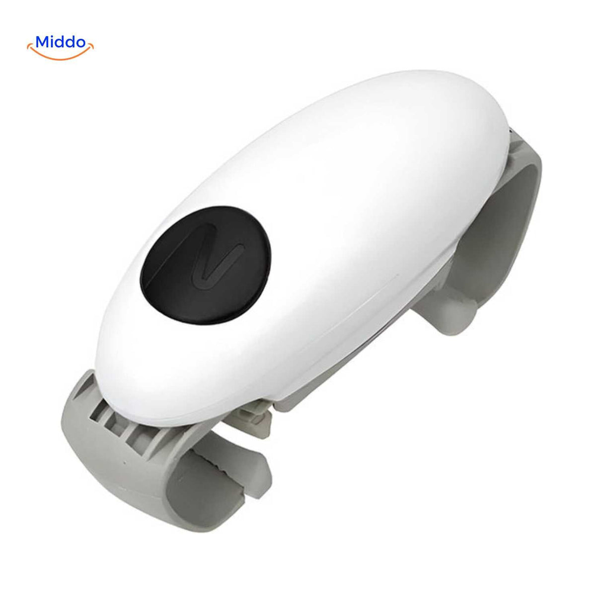 Grip-friendly jar opener with large button for comfortable one-hand use.