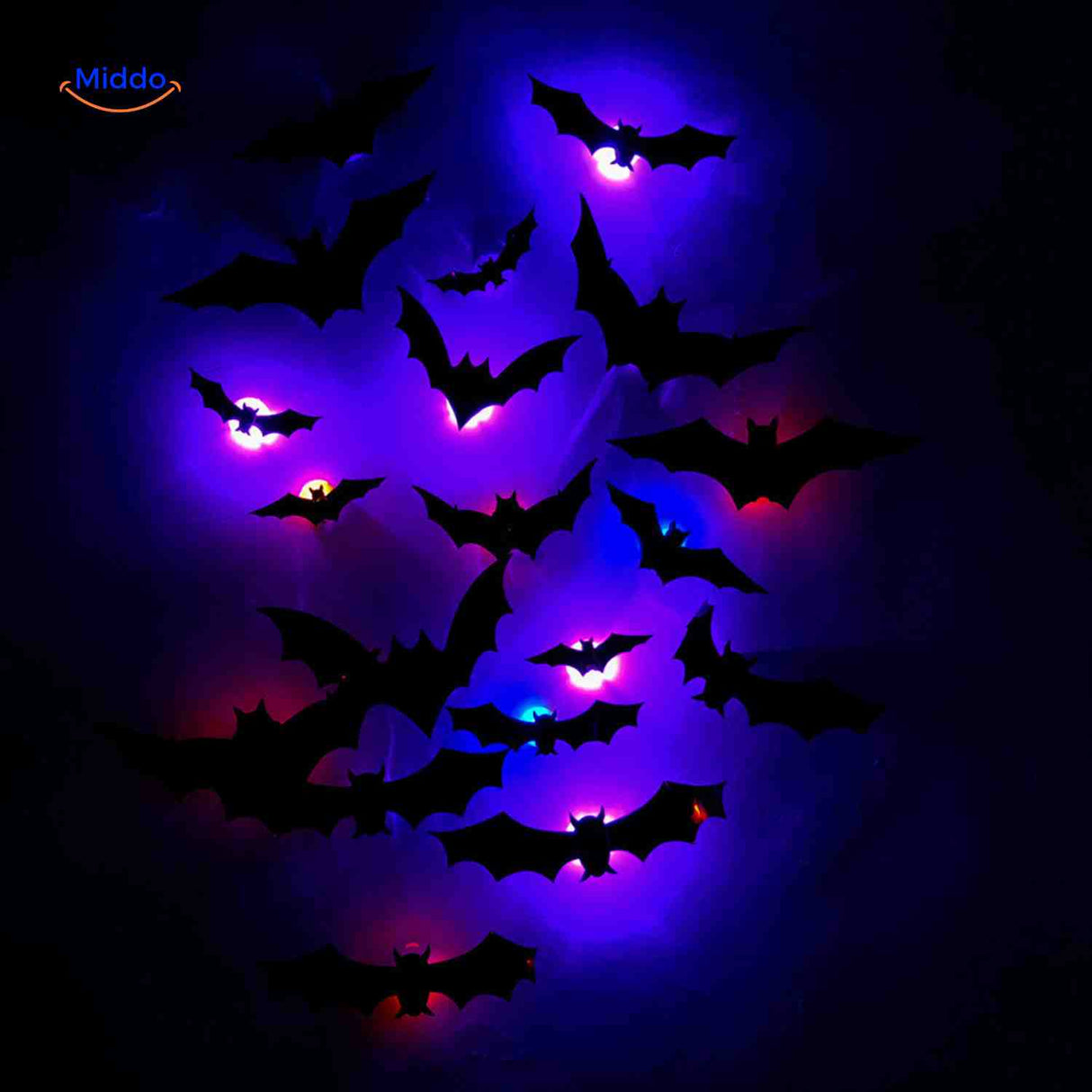 Blue and purple LED bat wall decoration for Halloween display.