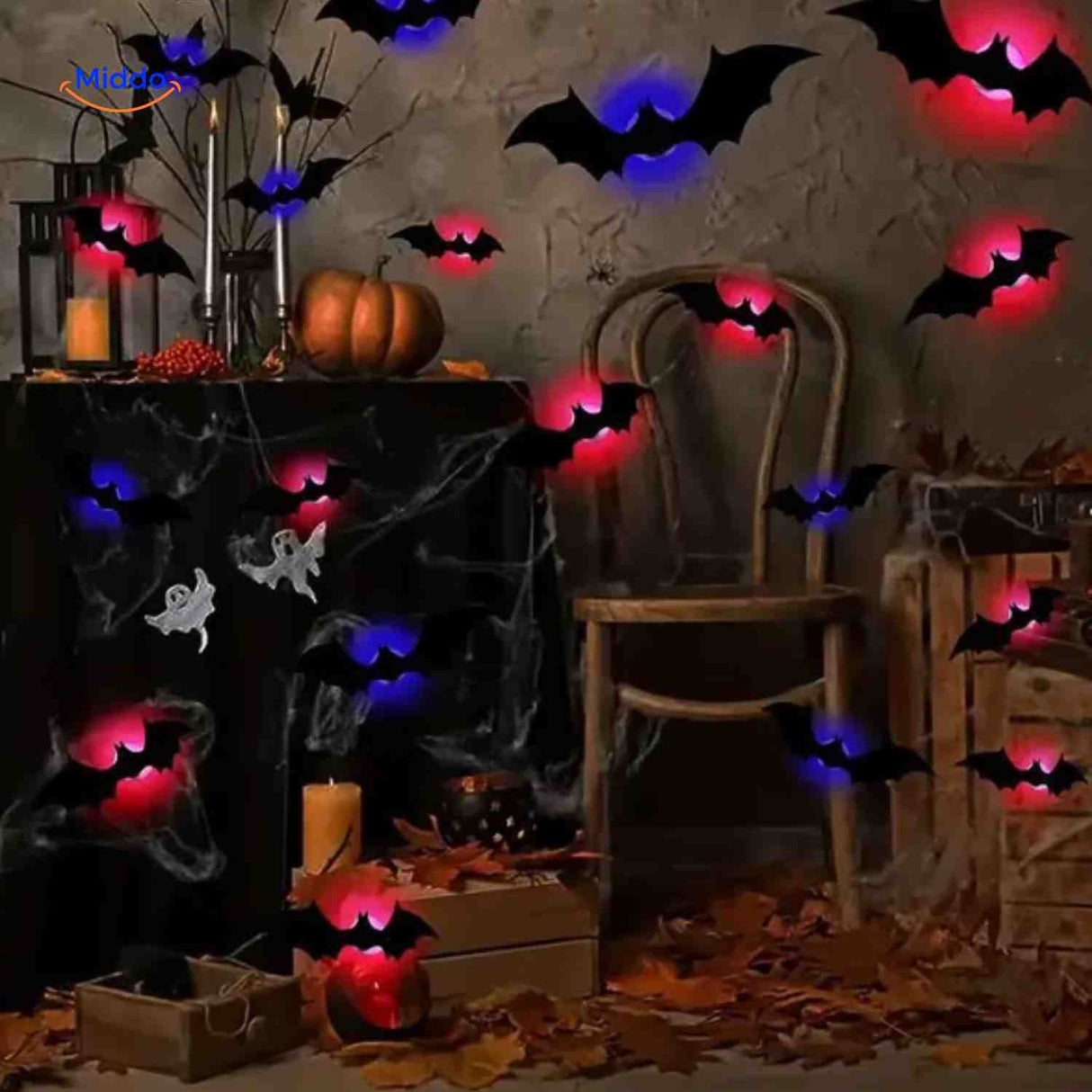 LED bat light creating Halloween interior wall decoration.