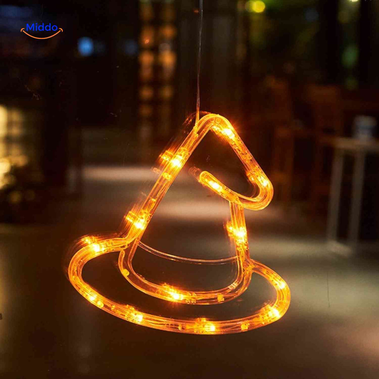 Halloween LED window lamp with glowing orange witch hat silhouette for festive window decoration.