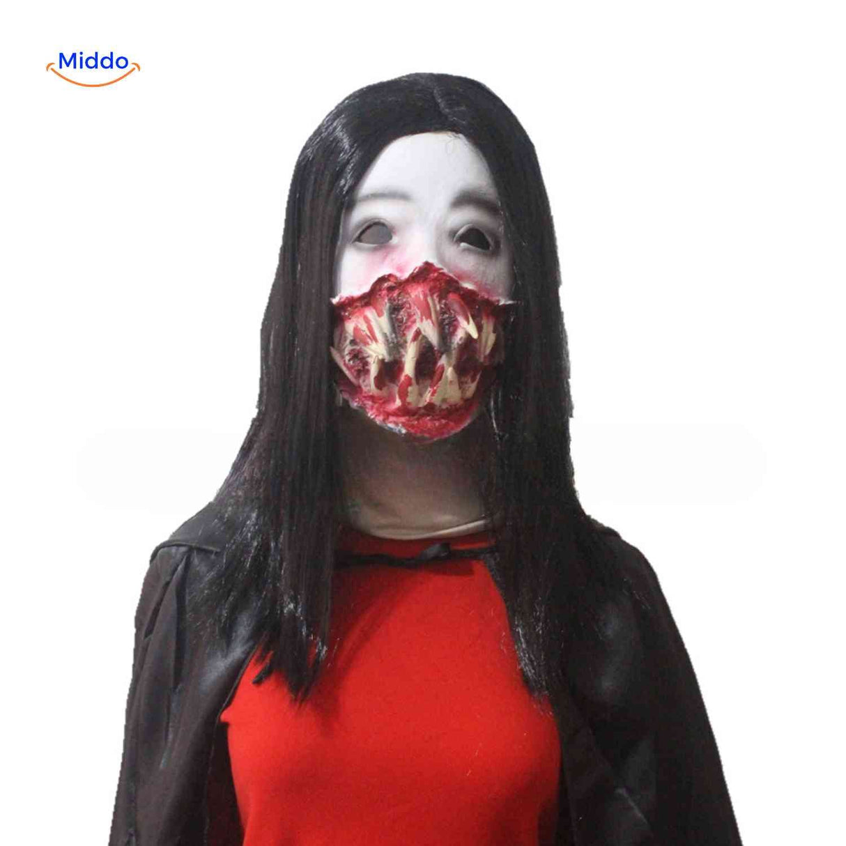 Halloween mask with torn bloody mouth and sharp teeth for frightening appearance.