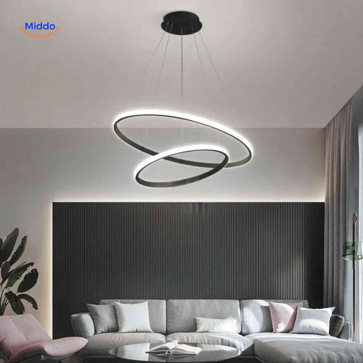 Black minimalist halo ring chandelier LED pendant with two rings in living room.