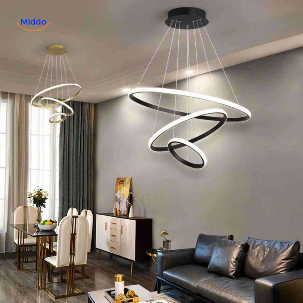 Halo ring dimmable pendant light as statement fixture in elegant living and dining space.