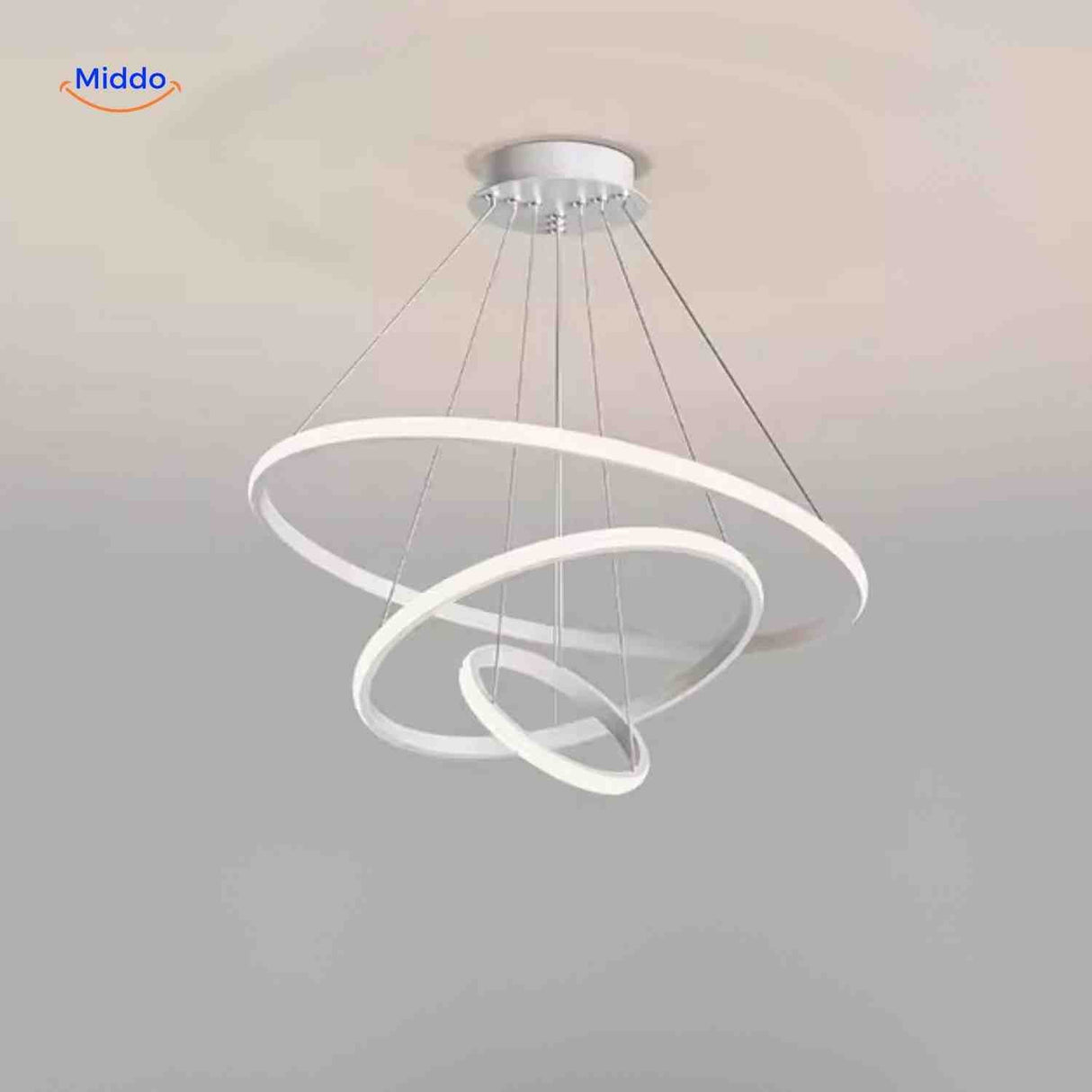 White contemporary halo ring pendant light with minimalist LED rings.