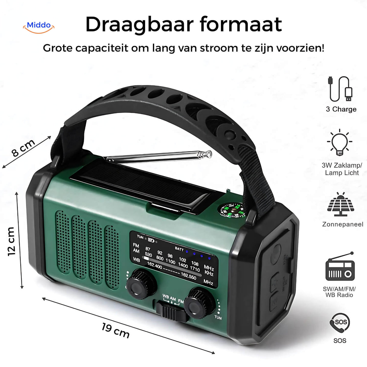 Compact hand-crank emergency radio designed for portable and lightweight carrying.