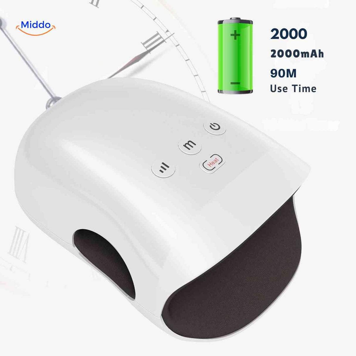 Hand massager battery life callout highlighting extended cordless usage time per charge