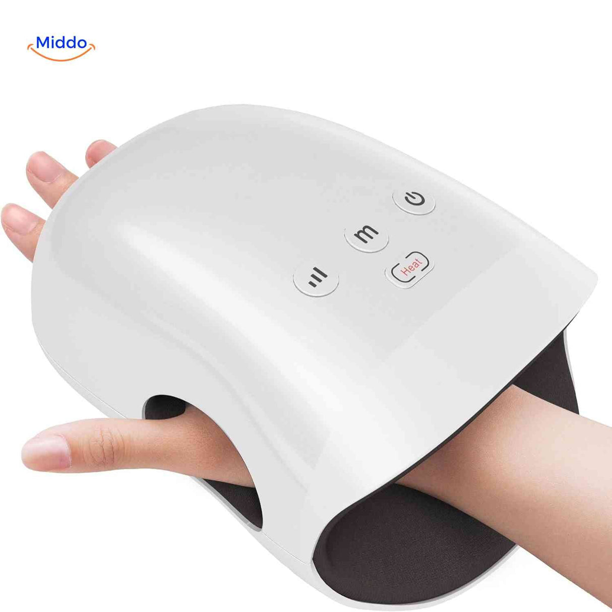 Electric hand compression massager shown with its control unit and operating buttons