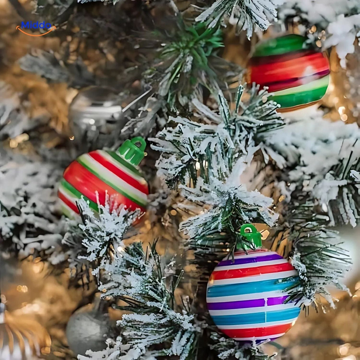 DIY painted ornaments hanging on a Christmas tree, showcasing finished handmade decorations.