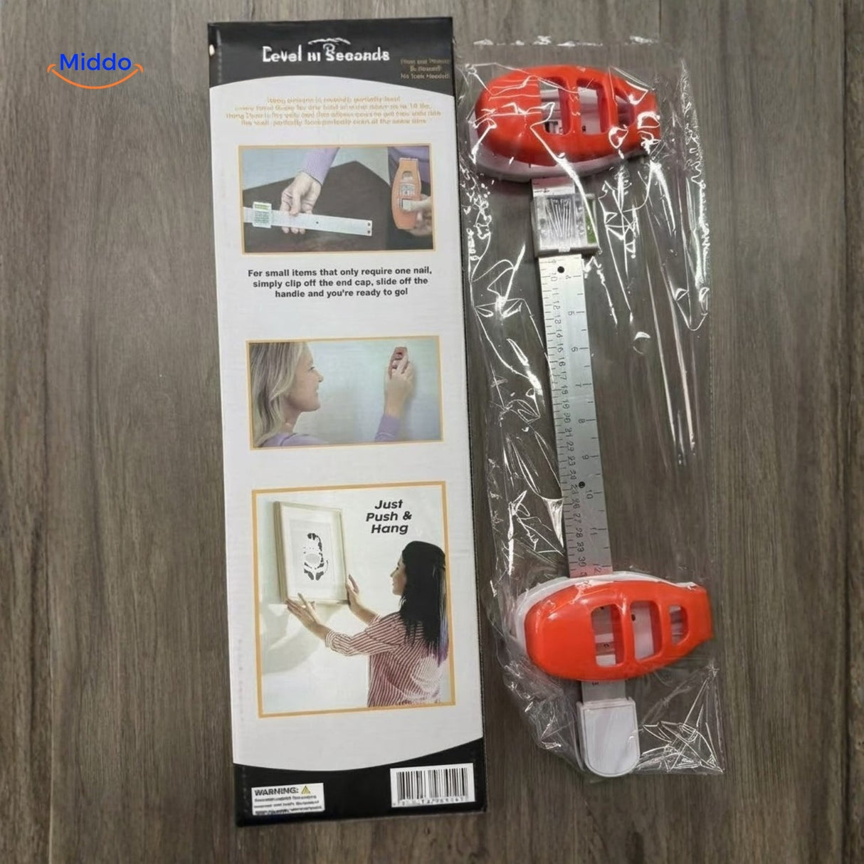 Hanging tool combining integrated level and measuring ruler for accurate placement.