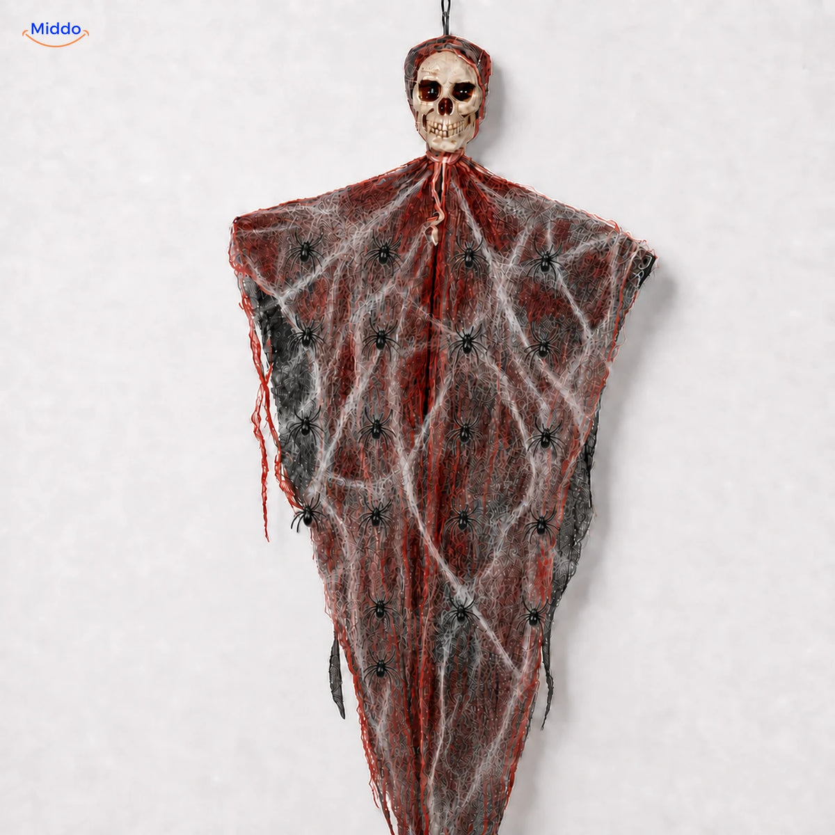 HauntCraft™ Gray Gauze Hanging Halloween Skull Ghost Decoration | For Spooky Scene Setups - Blood Gauze + Web & 20 Spiders