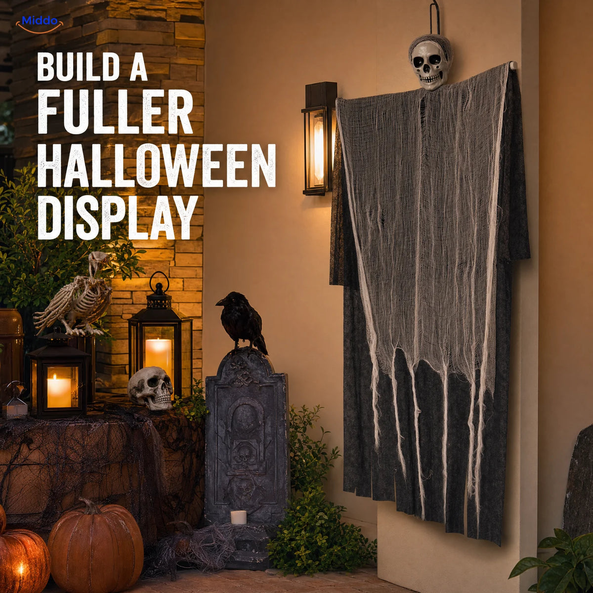 HauntCraft™ Gray Gauze Hanging Halloween Skull Ghost Decoration | For Spooky Scene Setups - conversion closing display