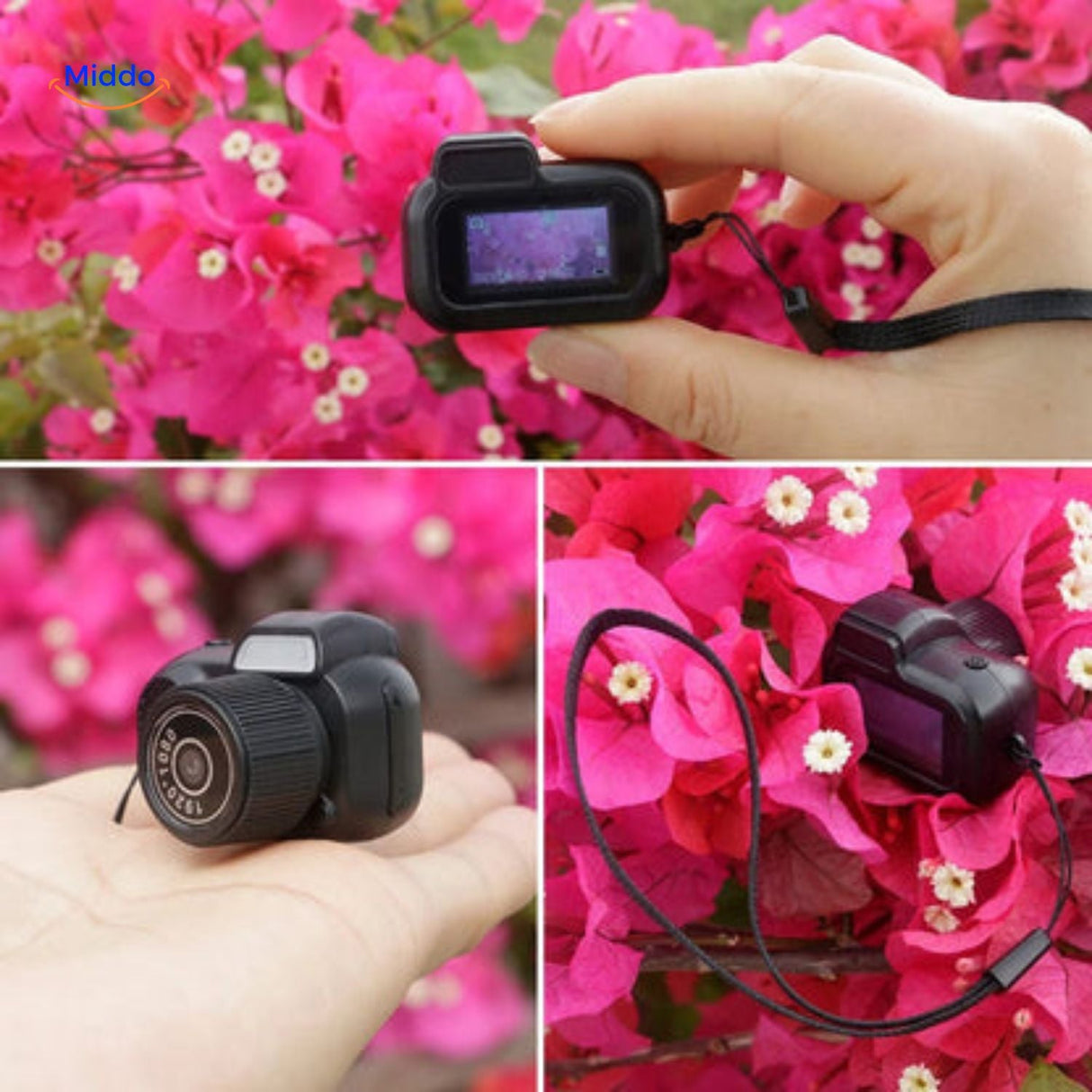 Compact HD mini camera held in hand demonstrating portable size