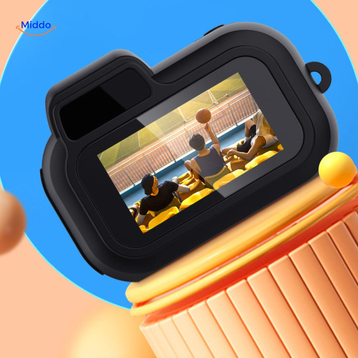 HD mini camera displaying live video recording on screen