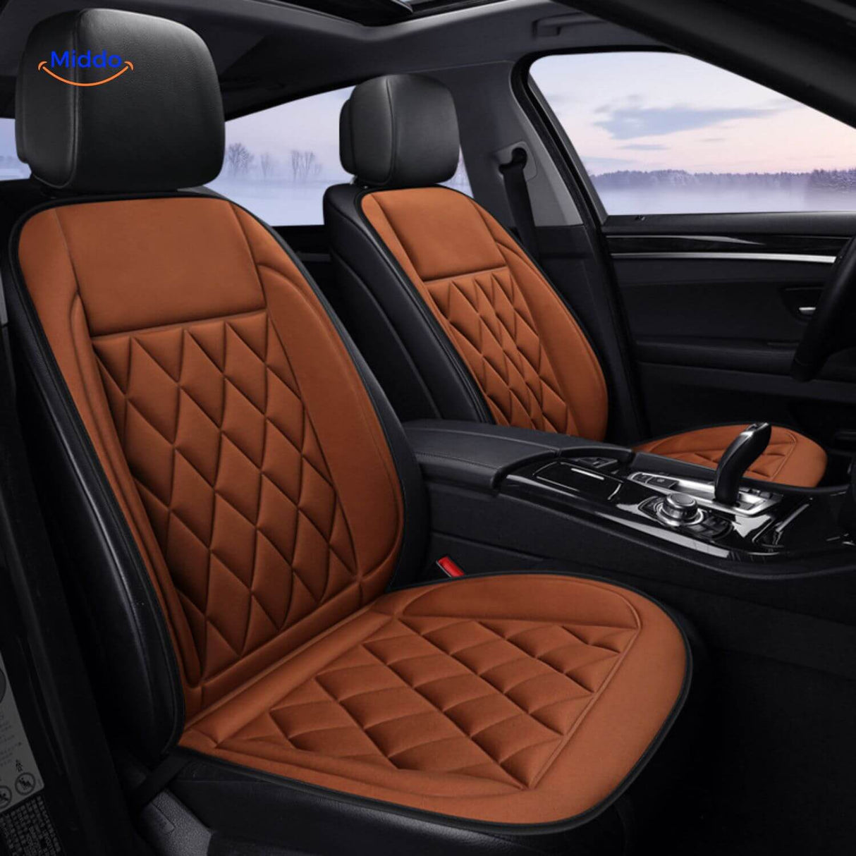 Heated seat cushion displaying high-quality stitching and 12V power connection for vehicle use.