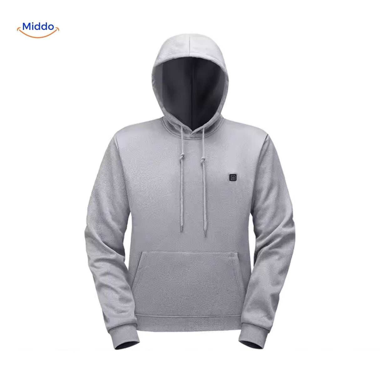 Black heated hoodie displaying integrated heating pads for ultimate warmth.