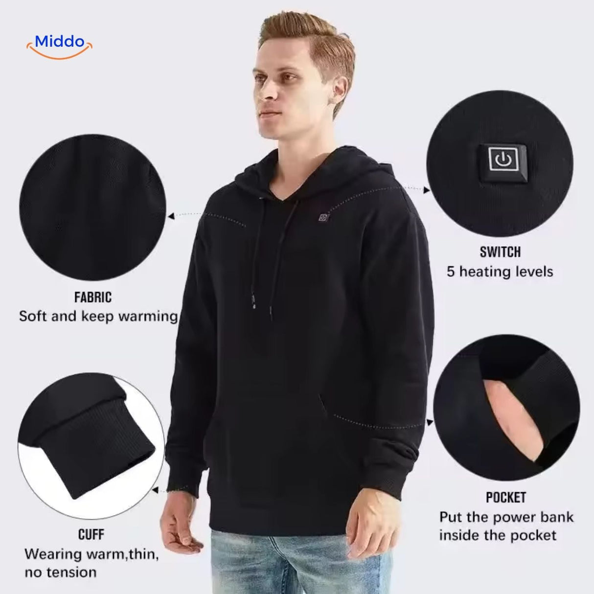 Black heated hoodie featuring storage pocket and adjustable heating zones.