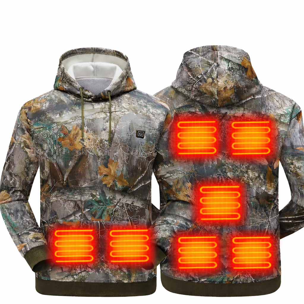 Camouflage heated hoodie with multiple heating zones and USB power feature.