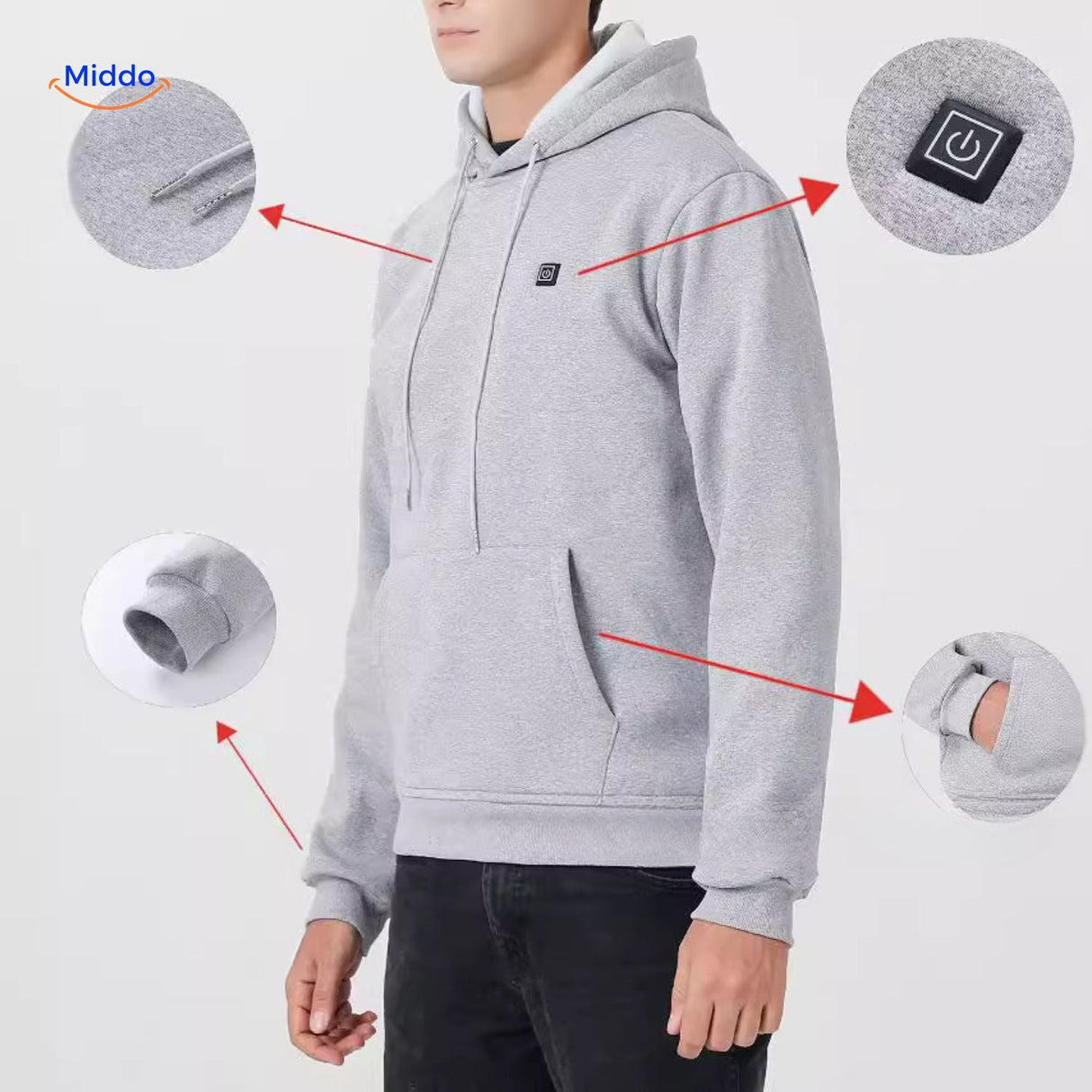 Close-up of gray heated hoodie showing heat panel construction details.