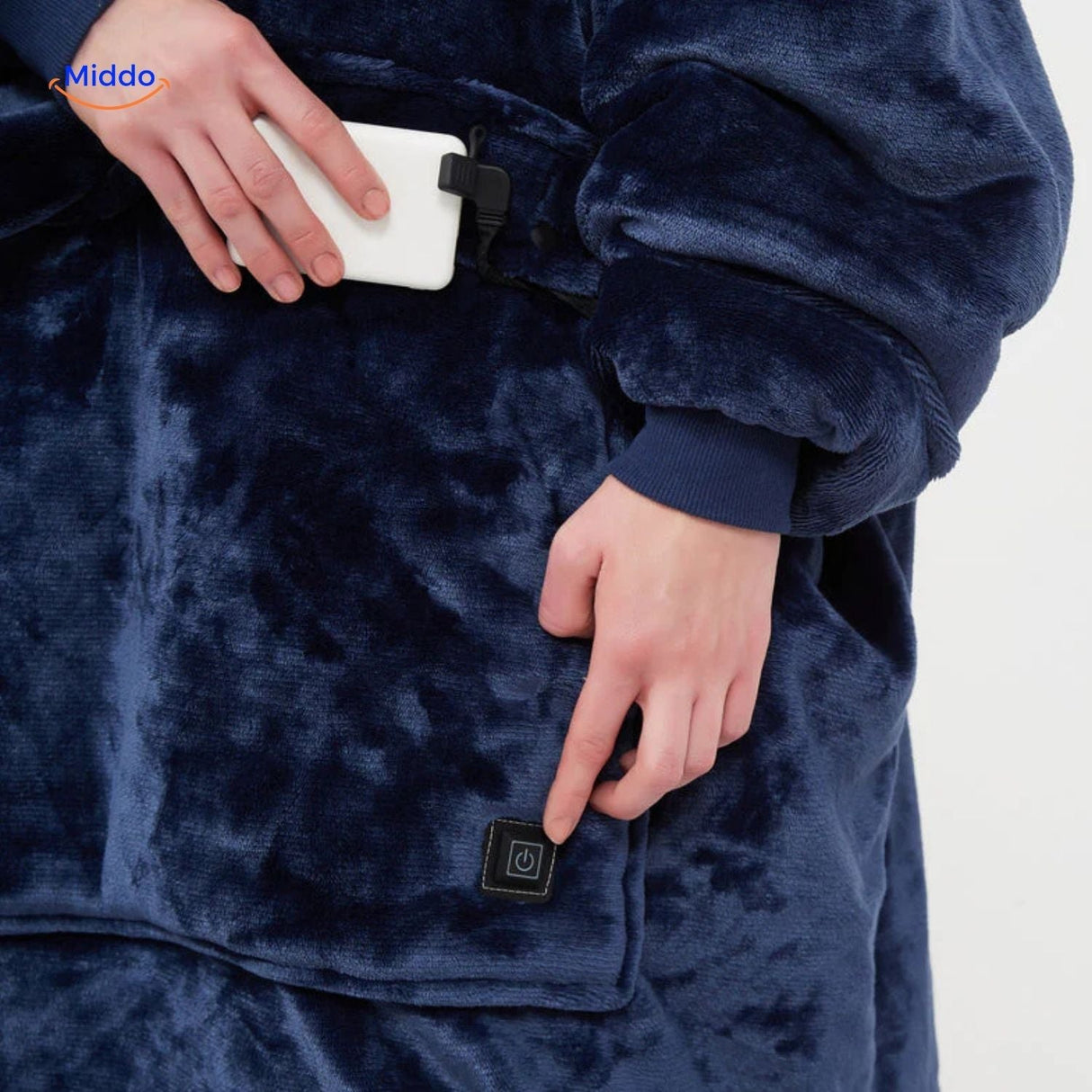 Detail shot of the soft plush interior and control button on the blue heated hoodie.