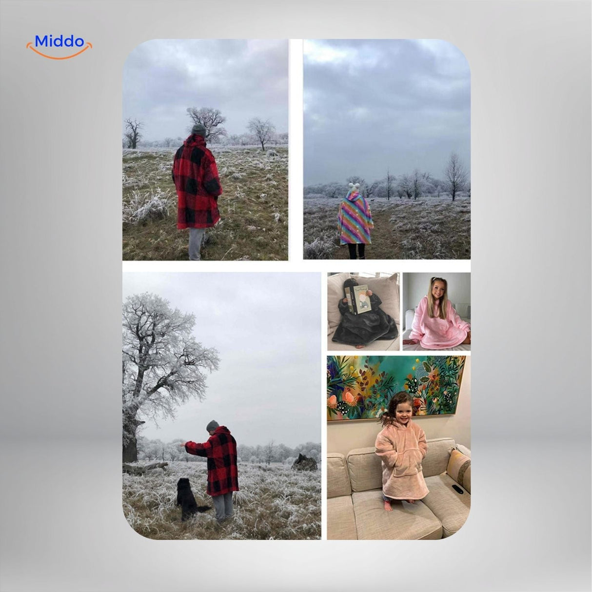 Heated sweater worn by couple in a snowy landscape, showcasing warmth in freezing conditions.