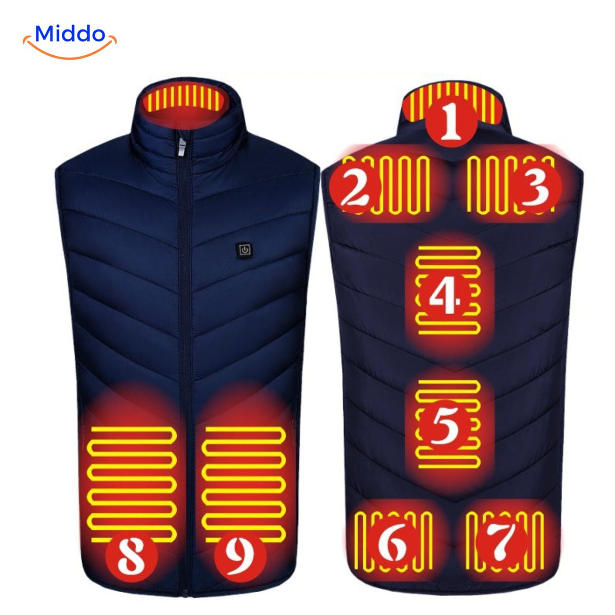 Blue HeatGuard vest with 8 heating zones for optimal warmth distribution.