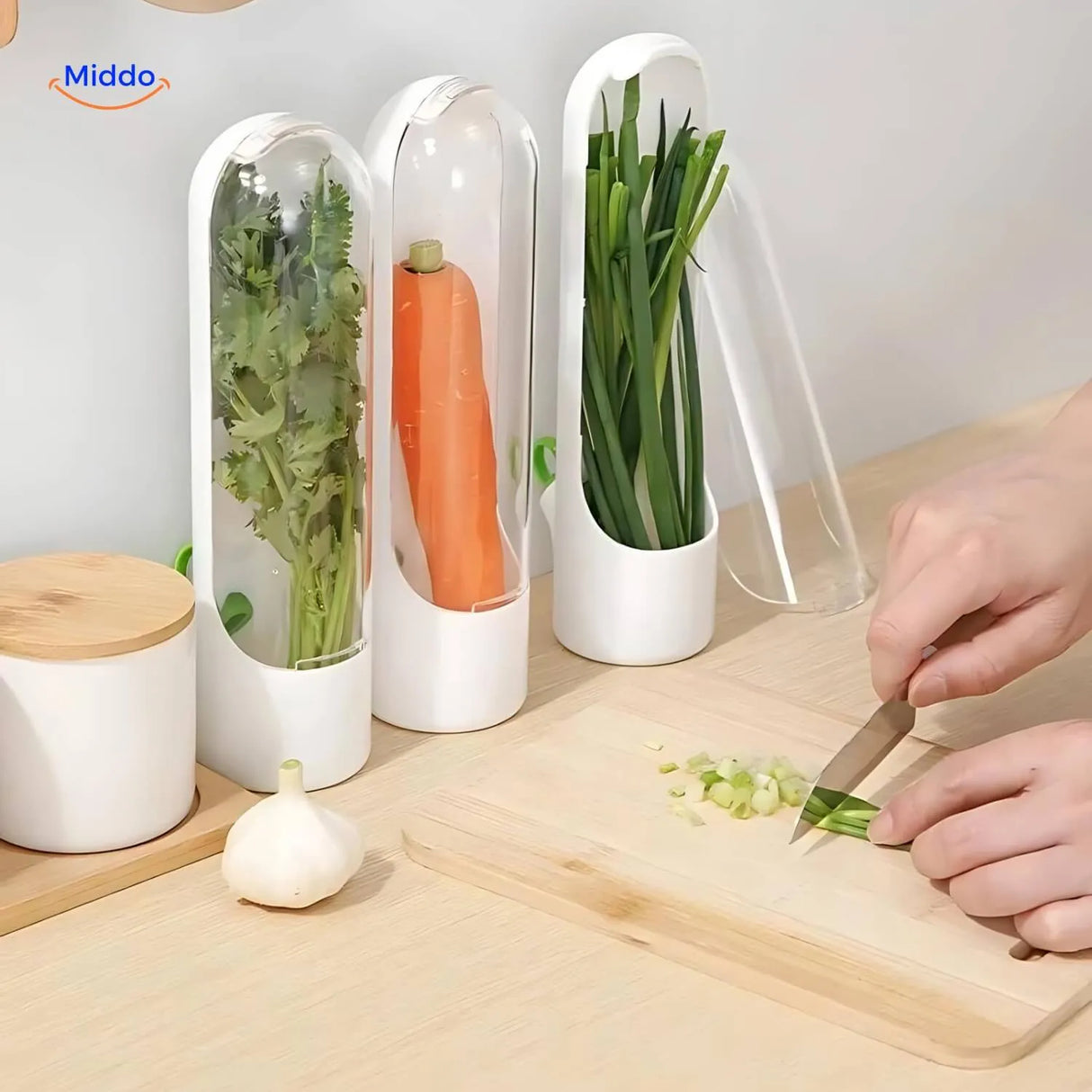 Herb storage container in use in a modern kitchen refrigerator.