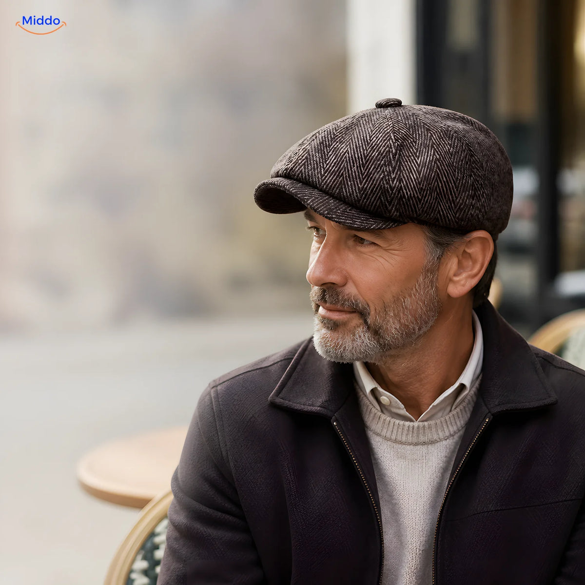 Man wearing a brown Heritage Eight flat cap in one size fits all