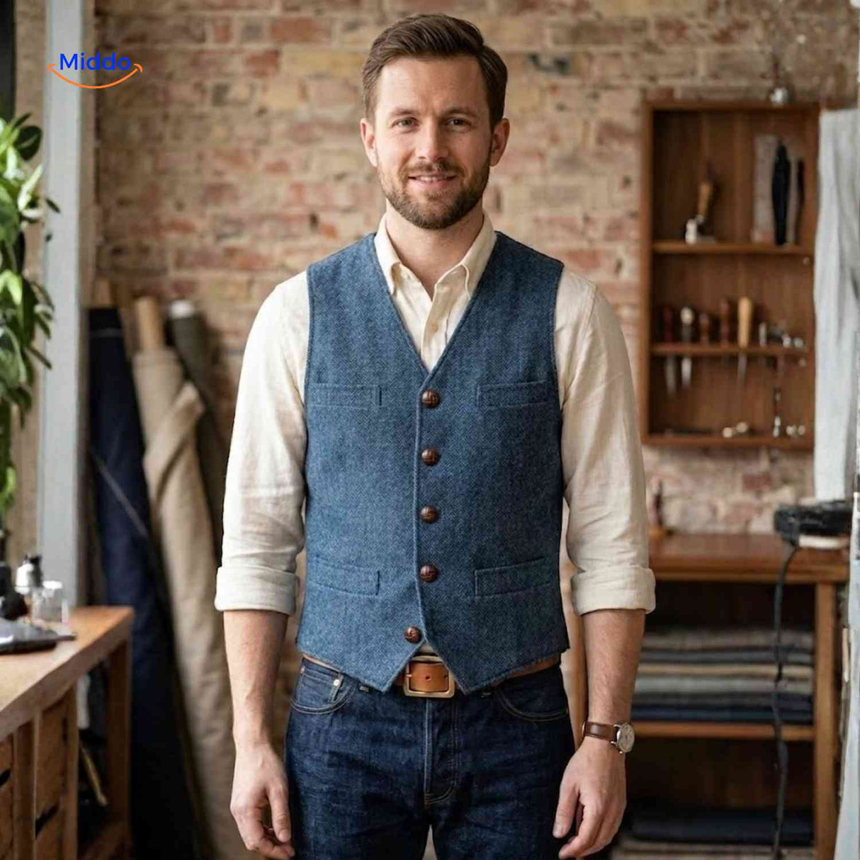 Blue tweed herringbone wool vest for men.