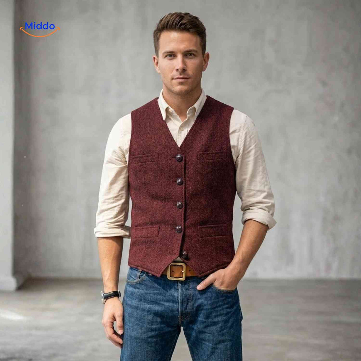 Burgundy herringbone wool gilet vest in casual style.